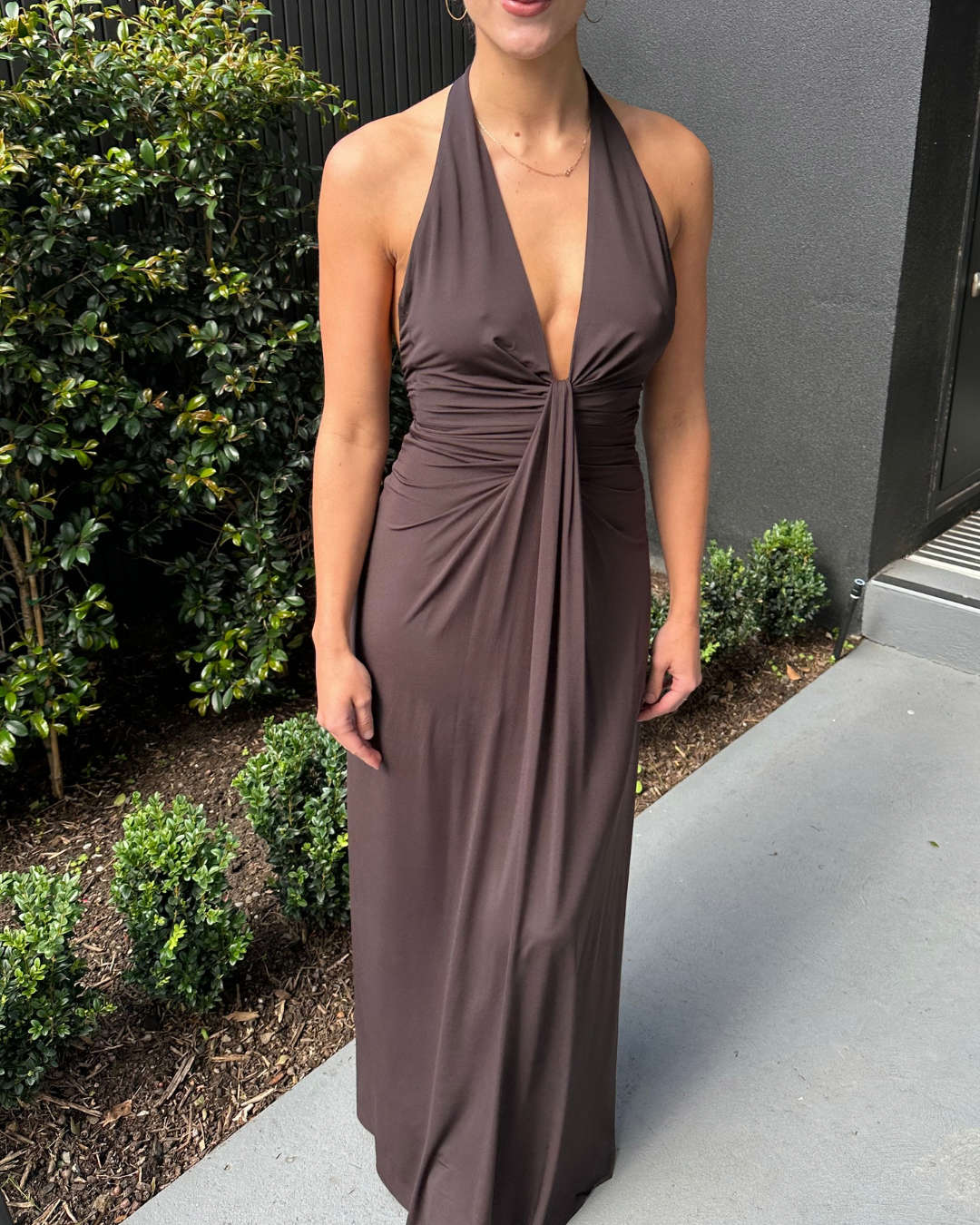 Bec and Bridge Tillie Drape Maxi Dress in Dark Chocolate