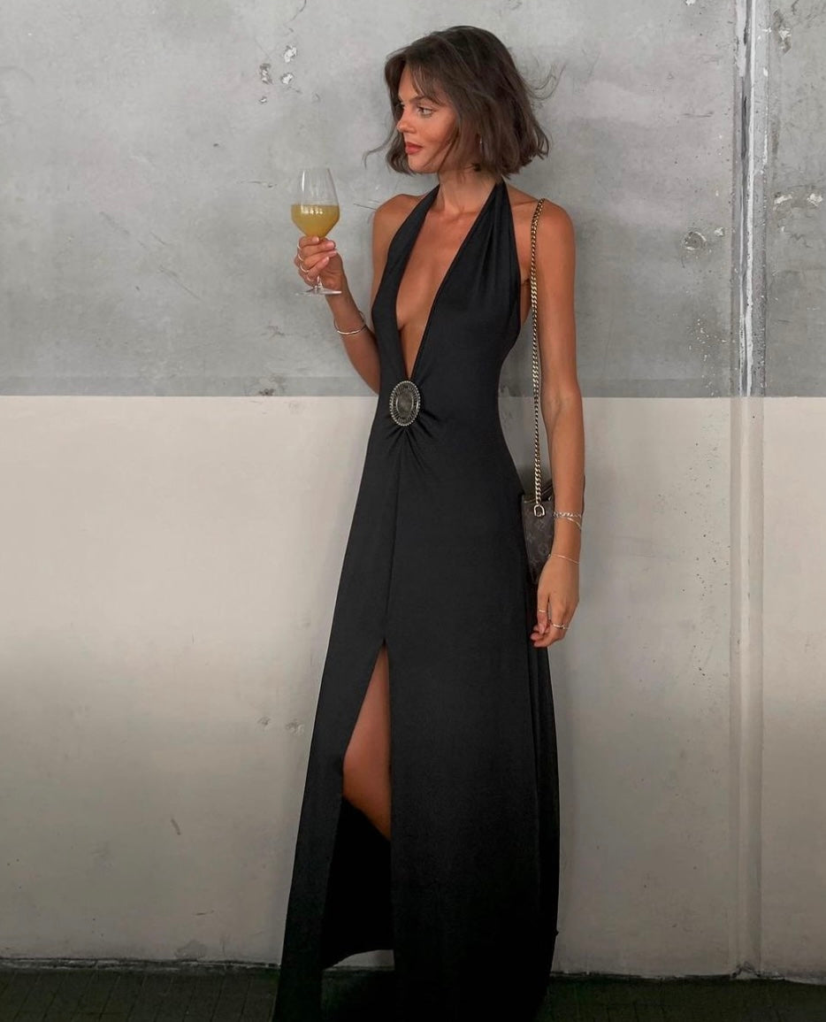 Vintage Black Dress with Gold Broach Feature