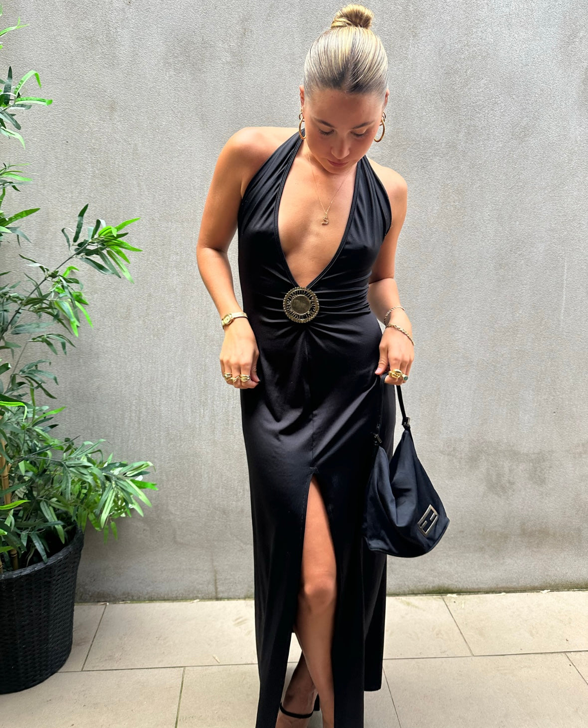 Vintage Black Dress with Gold Broach Feature